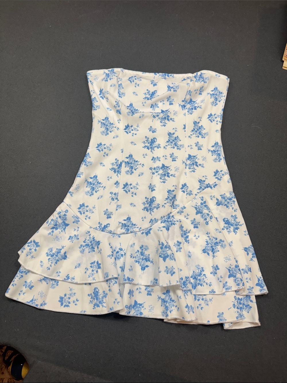 Strapless White Mini Dress with Blue Floral Print